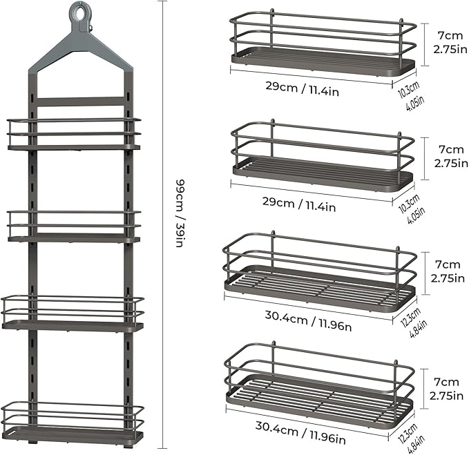 ODesign 4 Tier Height-Adjustable Shower Caddy Hanging Anti-Swing-Over The Shower Head Caddy-Showers Storage Organizer Bathroom Shelves Basket Showers Caddies-Grey