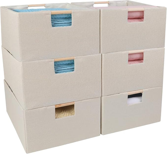 ANMINY 6PCS Storage Baskets for Organizing Collapsible Fabric Storage Bins Boxes with Wood Handles Closet Shelves Cube Organizer Bins Clothes Laundry Storage Container - Small, Beige-NeatNest