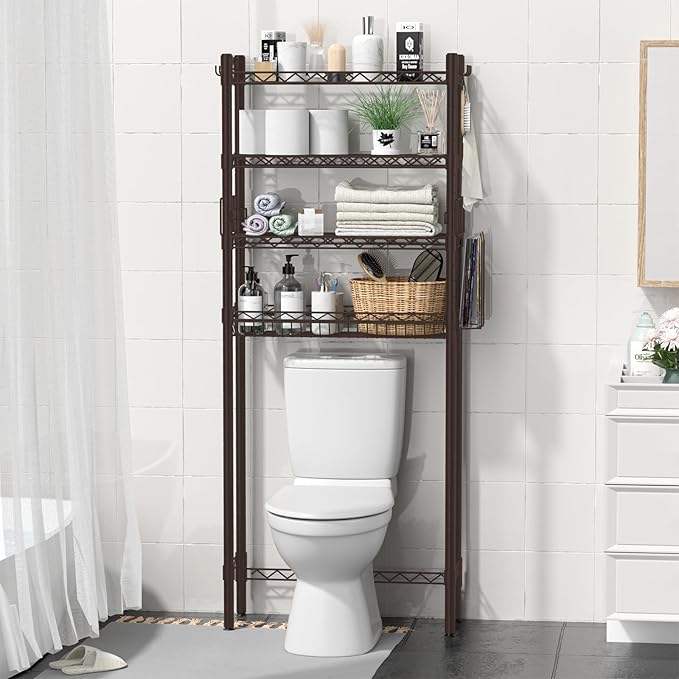 4-Tier Over Toilet Storage Shelf, Bathroom Organizer With Adjustable Freestanding Shelves, Space Saver Rack Above Toilet, Espresso