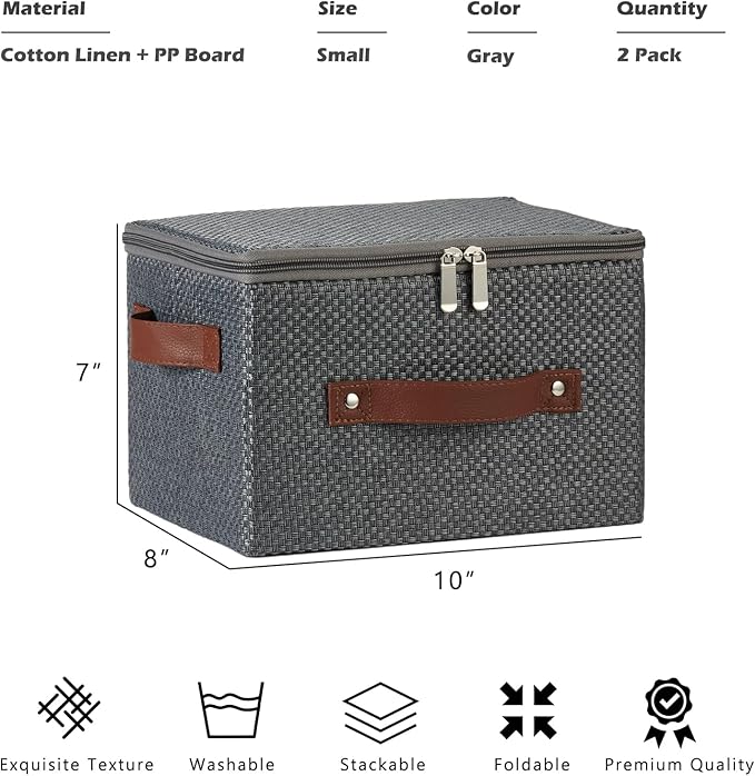 2PCS Storage Bins with Lid Fabric Storage Box Basket PU Leather Handle Textured Woven Cotton Linen Decorative Foldable Washable Shelf Closet Organizer Container (Zipper Lid, Gray, Small)-NeatNest