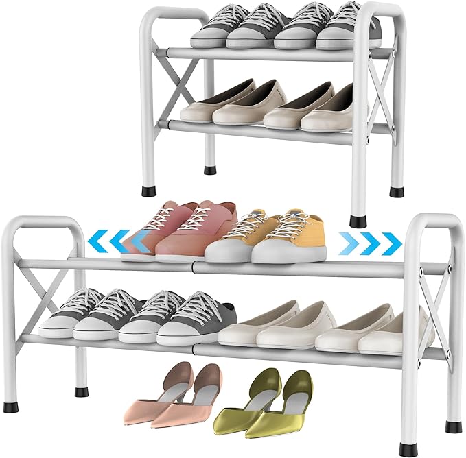 2-Tier Free Standing Shoe Racks, White Shoe Storage Rack, Metal Shoe Storage Shelf for 12 Pairs of Shoes-NeatNest
