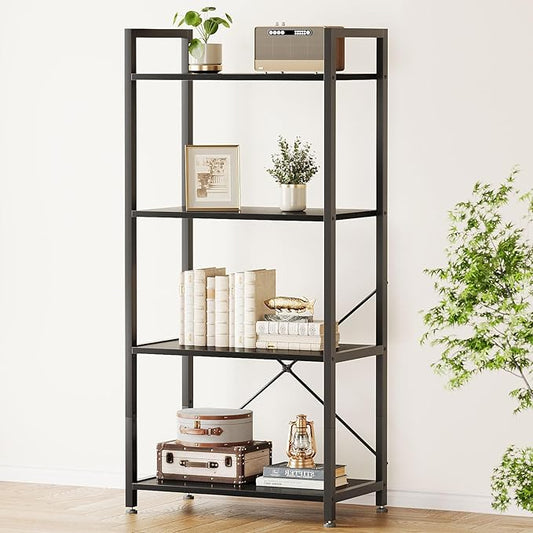Casaottima Book Shelf, 4 Tier Bookshelf, Modern Wood Bookcase Shelves for Bedroom, Industrial Display Shelf for Living Room Home Office Kitchen, Standing Shelving Unit Storage Organizer, Black-NeatNest