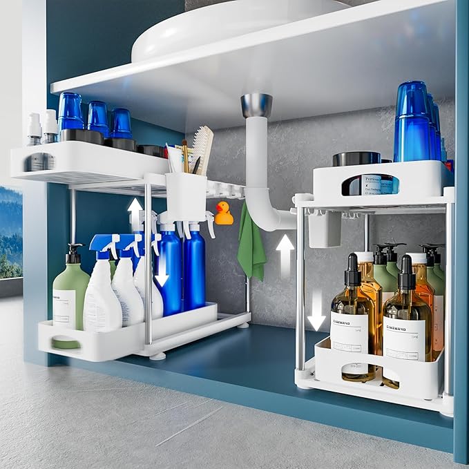2 Pack Under Sink Organizers and Storage, Double Sliding Kitchen Cabinet Organizer, 2 Tier Height Adjustable Countertop Organizer for Kitchen Bathroom Laundry, White-NeatNest