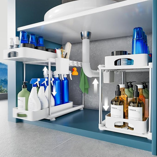 2 Pack Under Sink Organizers and Storage, Double Sliding Kitchen Cabinet Organizer, 2 Tier Height Adjustable Countertop Organizer for Kitchen Bathroom Laundry, White-NeatNest