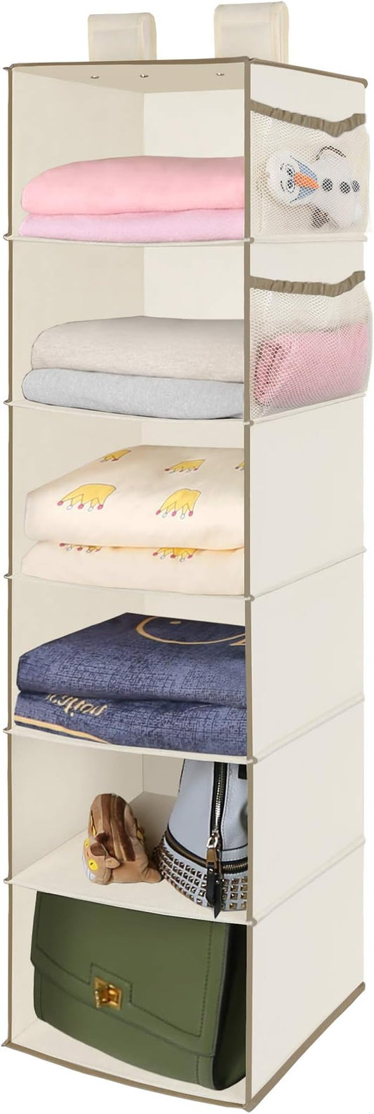 MAX Houser 6 Tier Shelf Hanging Closet Organizer, Closet Hanging Shelf with 2 Widen Straps for Storage, Foldable (Beige2)-NeatNest