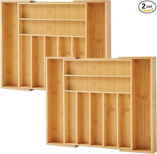 Bamboo Drawer Organizer, 2 Pack - Expandable Silverware Organizer & Utensil Drawer Organizer, Cutlery Tray with Dividers, 7-9 Slots- Premium Kitchen Organizer for Utensils & Flatware (Natural)-NeatNest