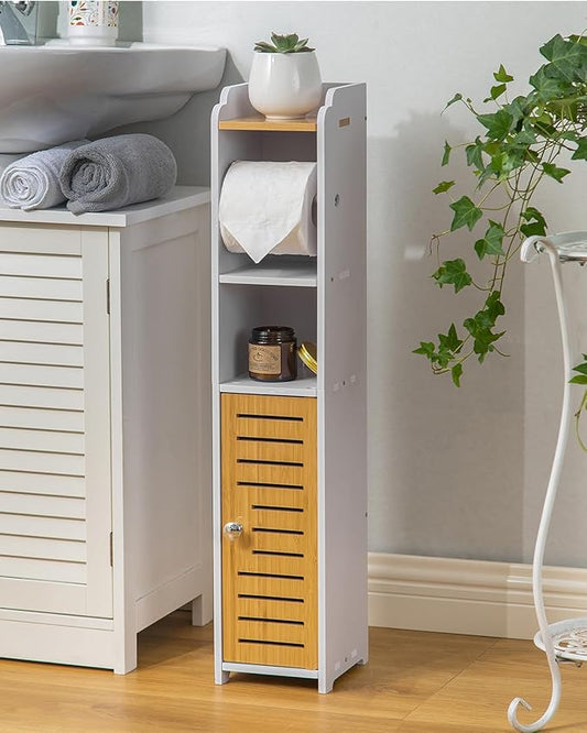 AOJEZOR Toilet Paper Holder Stand: Small Bathroom Storage Cabinet- White&Bamboo-NeatNest
