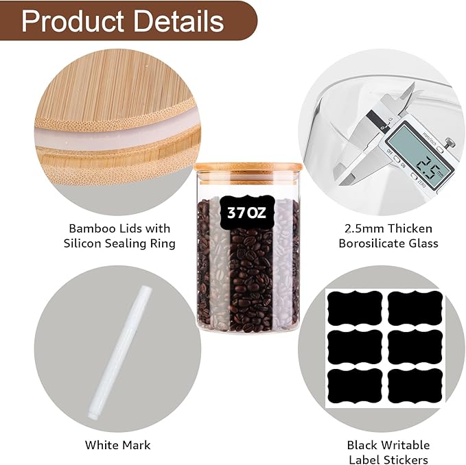 Glass Food Jars with Lids,37oz Glass Storage Containers with Airtight Bamboo Lids,Round Glass Canister Set of 4, Pantry Organizers and Storage for Cookie Flour Oat Pasta Tea Coffee Bean