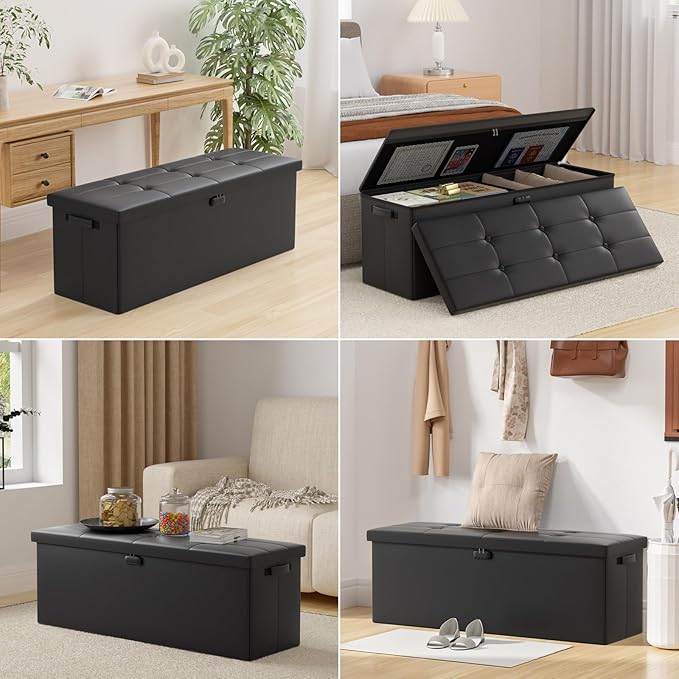 DocSafe Storage Ottoman Bench,Fireproof＆Waterproof Folding Bench with Lock(15”x 43”x15”),Leather Storage Chest with Handles＆2 Extra Boxes,Ottoman Safe for Bedroom,Living Room,Home Office,Black-NeatNest
