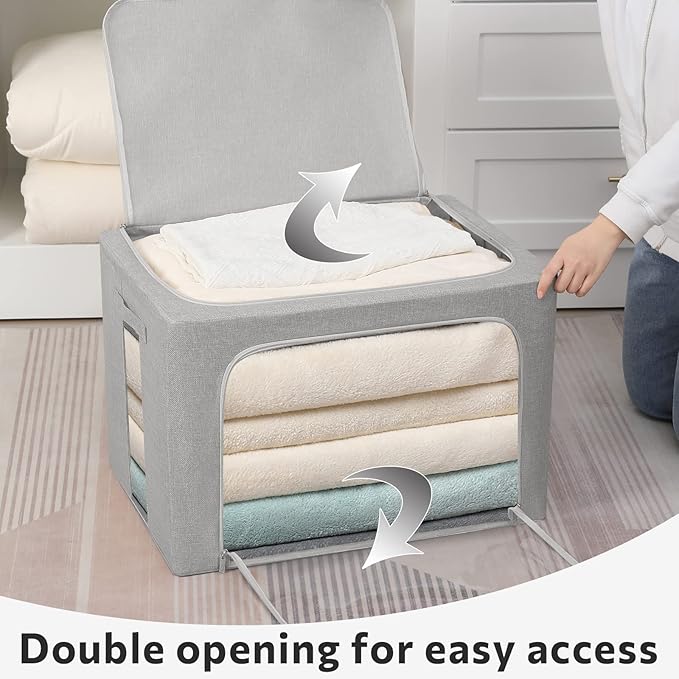 2 Pack Clothes Storage Bins Stackable Metal Frame Storage Box Large Capacity Foldable Linen Fabric Box Organizer with Carrying Handles and Clear Window (Light Gray, 19.7x 15.7x 12.6 Inch)-NeatNest
