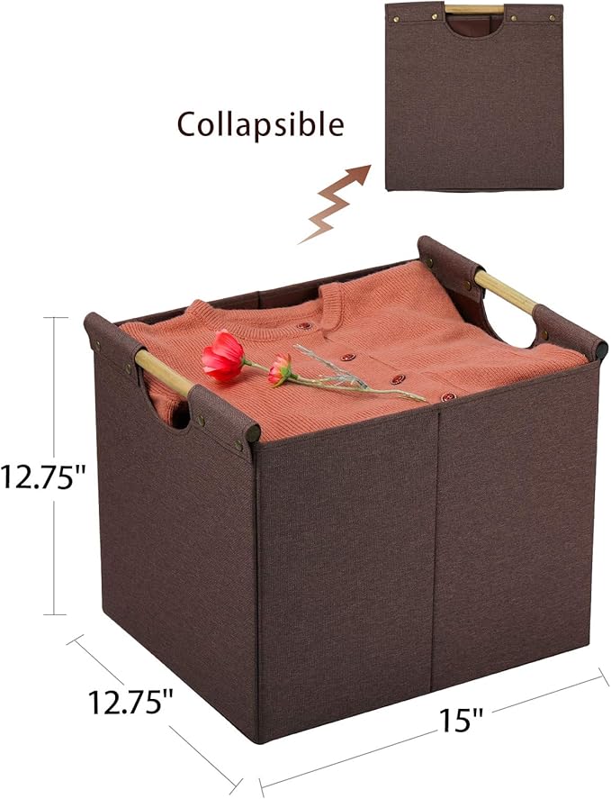 HOONEX Large Collapsible Storage Bins, Linen Fabric, 2 Pack, Storage Baskets with Wooden Carry Handles and Sturdy Heavy Cardboard, for Home, Office, Car, Nursery, Brown