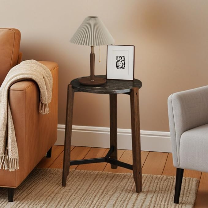 CIMOTA Round Side Table, 22.5" End Accent Table with Solid Wood Leg, Black Marble Texture Tabletop, Metal Beam, Round Nightstand for Small Spaces/Living Room/Bedroom, Black-NeatNest