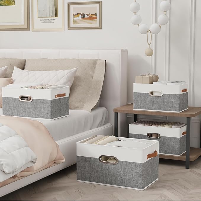 Yawinhe Fabric Storage Baskets, Foldable Closet Organizer for Shelves, Large Boxes with 3 Handles, Canvas Bins for Clothes, White/Grey, 12.99''Lx9.05''Wx7.87''H, 2-Pack-NeatNest