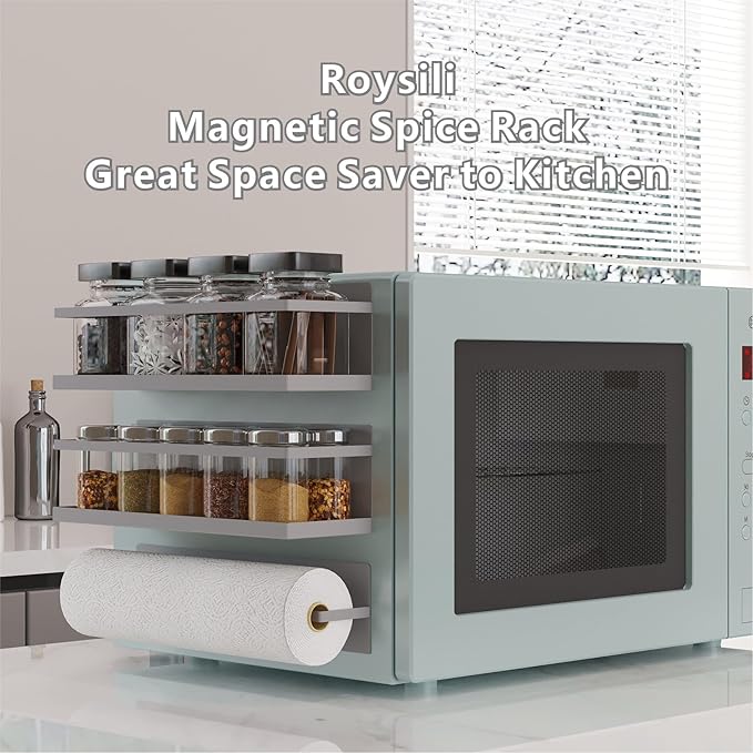 Magnetic Spice Rack For Refrigerator Fridge Shelf Kitchen Spice Organizer Grey 4 Pack With Magnetic Paper Towel Holder