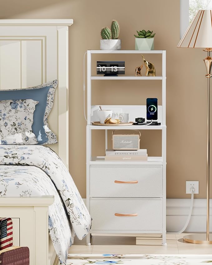 Furnulem Night Stand, Tall Bed Nightstand with 4-Tier Shelves, 2 PU Fabric Drawers and Light Tube, Bed Side Tables with Charging Station, Bedside Table for Bedroom, White