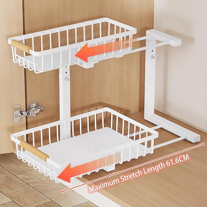 2 Tiers Under Sink Organizers, 2 Pack Metal Kitchen Storage Shelf, Pull Out Sink Storage Rack, Multi-purpose Under Sink Shelf Organizer for Under Sink Cabinet Bathroom Kitchen (White)-NeatNest