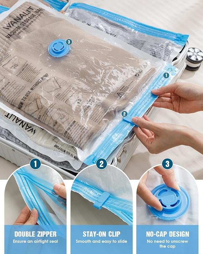 Travel Vacuum Storage Bags with Hand Pump, 12 Pack (4M+4S+4XS) Vacuum Seal Bag Travel Essentials Space Saving Bags for Clothes, Luggage, Carry-on Suitcase, Backpack, Holiday Business Trip-NeatNest