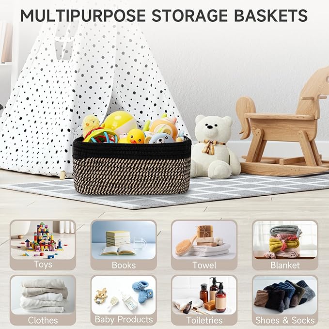 3-Pack Shelf Baskets for Organizing, Closet Organizer Bins, Small Woven Baskets, Rope Toy Basket, Storage Basket for Shelves, Cube Decorative Box, 11.5×7.5×4.7”, Black Brown-NeatNest