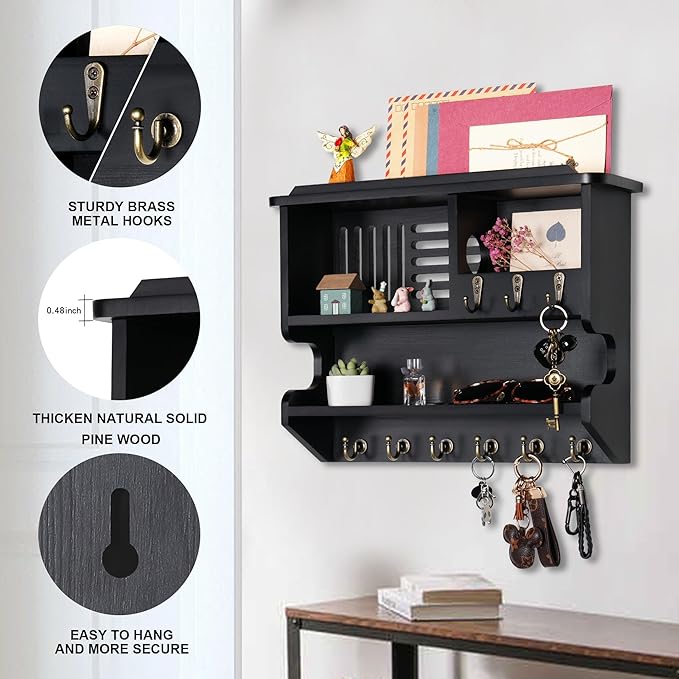 Key Holder for Wall, Mail and Key Holder for Home Decor, Key and Mail Holder for Wall with Key Hooks, Black
