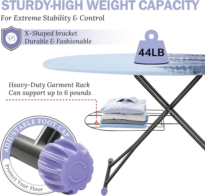 APEXCHASER Ironing Board Full Size, Metal Panel Iron Board with Heat & Scorch Resistant Cover, Adjustable Height Heavy Duty Ironing Board with Stretchable Iron Rest, for Home, Dorm, 18 x 51, Purple