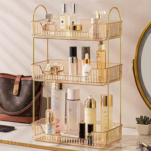 Bathroom Counter Organizer Countertop, 3 Tier Makeup Perfume Shelf Storage, Skincare Cosmetic Tray for Dresser Vanity - Gold-NeatNest