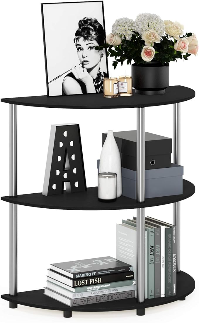 Furinno Frans Turn-N Half Round Console Table with Stainless Steel Tubes, Black Oak 15.6D x 31.1W x 30.8H in-NeatNest