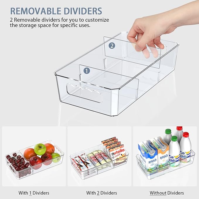 Clear Plastic Food Storage Organizer Bins,8 Pack Pantry Organizations and Storage Bins with Removable Dividers, Stackable Refrigerator Organizer Bins Fridge Organizers Kitchen Cabinet Organizers-NeatNest