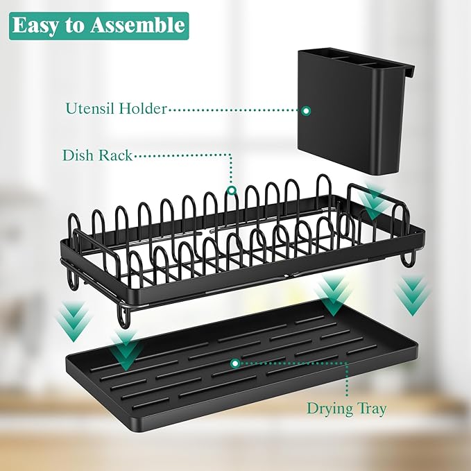 Giwil Small Sink Drying Rack, Compact Dish Rack with Silicone Mat for Kitchen Counter, Expandable Rustproof Dish Drying Rack Used Over Sink, in Sink & on Countertop, Black
