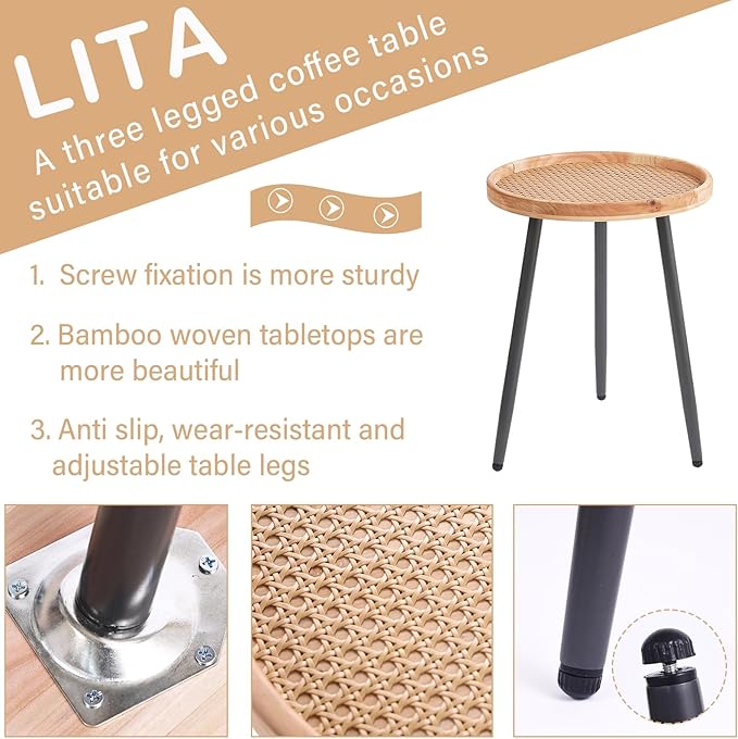 LITA 2 Pcs Rattan Log Desktop Round Side End Table, Nightstand/Small Tables, Indoor Outdoor Wooden Tray Table with Metal Stand End Table for Living Room Bedroom Office Small Spaces