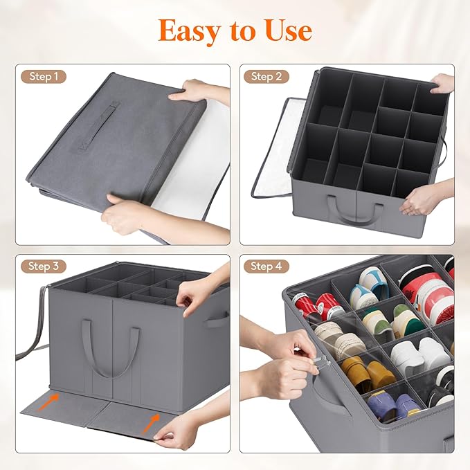 Lifewit Shoe Storage Organizer for Closet, Fits 12-16 Pairs, Large Shoe Box Storage Containers with Clear Cover and Reinforced Handles, Foldable Storage Bins Fit for Boots Heels Sneakers, 1 Pack Gray-NeatNest