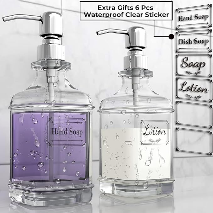 GLADPURE Soap Dispenser - 2 Pack, 18 Oz Antique Design Thick Glass Hand Soap Dispensers; with 304 Rust Proof Stainless Steel Pump, 6Pcs Clear Stickers, for Kitchen, Bathroom - Silver-NeatNest