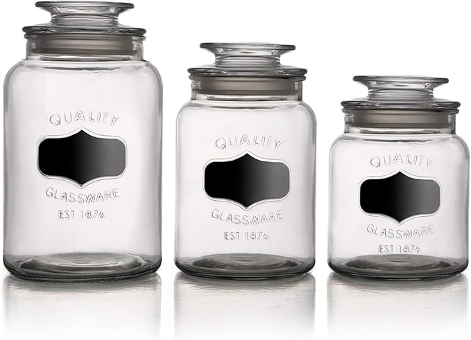 American Atelier Canister Set 3-Piece Glass Jars in 33oz, 44oz & 60oz Chic Retro w/ Airtight Lids, Chalkboard, for Cookies, Candy, Coffee, Flour, Sugar, Rice, Pasta, Cereal & More, Clear