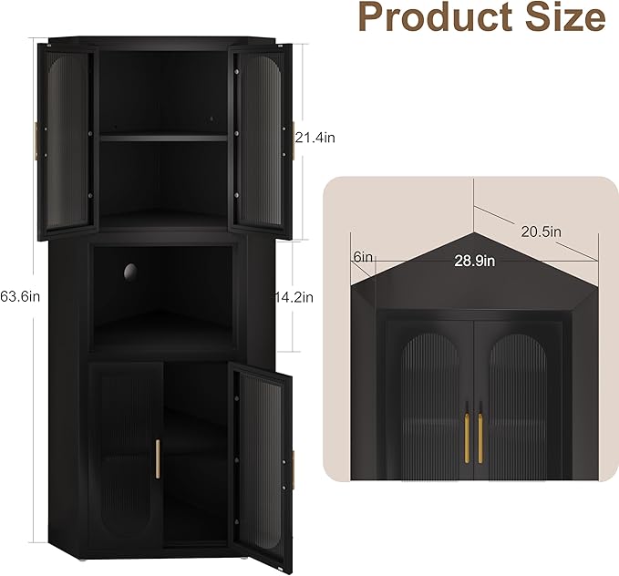 64" Tall Metal Corner Storage Cabinet with Acrylic Glass Doors ＆ Open Display Storage Shelves, Farmhouse Corner Pantry Storage Cupboard for Kitchen, Laundry Room, Bathroom or Bedroom (Black)