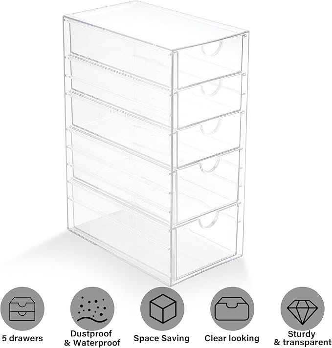 Prsildan Acrylic Drawer Makeup Organizer with 5 Drawers, Hair Accessories Organizer, Office Desk Organization, Clear Stackable Storage Drawers for Vanity, Countertop, Craft, Jewelry-NeatNest