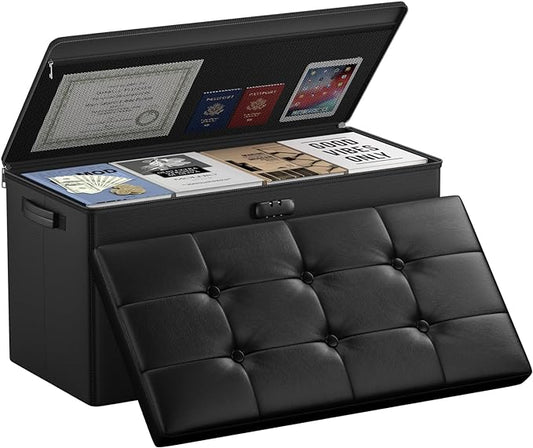 DocSafe Storage Ottoman Bench with Lock,Fireproof 30 Inches Folding Bench Foot Rest Stool Storage Chest Safe for Living Room,Bedroom,Home Office,Waterproof Leather Ottoman with Handles,Black-NeatNest