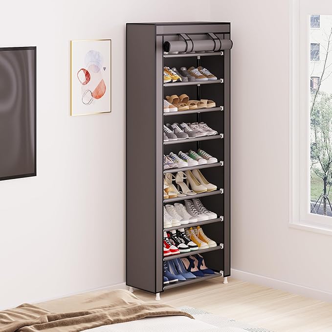 Calmootey 9 Tier Shoe Rack Organizer,Portable Shoe Shelf with Nonwoven Fabric Cover for Closet Hallway,Bedroom,Entryway,Grey-NeatNest