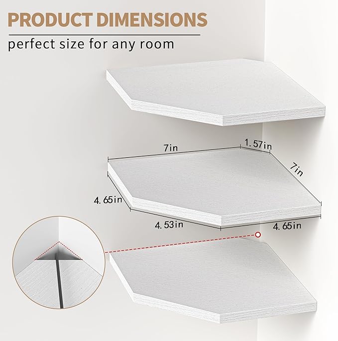 Corner Shelf Wall Mount, Floating Corner Shelves, Set of 3 Corner Wall Shelf Organizer, Rustic Wood Wall Storage Display Shelves for Living Room Bedroom Bathroom Kitchen, Rustic White-NeatNest