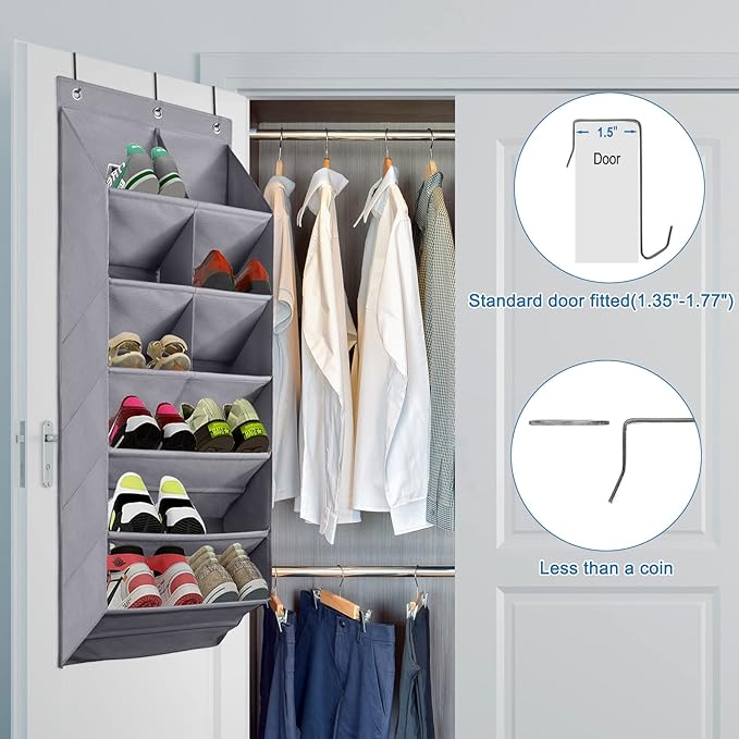 FENTEC 2 Pack Over the Door Shoe Organizer, Hanging Shoe Organizer, 6-Tier Large Deep Pockets Door Shoe Rack with 3 Hooks Shoe Organizer for Shoes, Sneakers, and Home Accessories, Grey-NeatNest