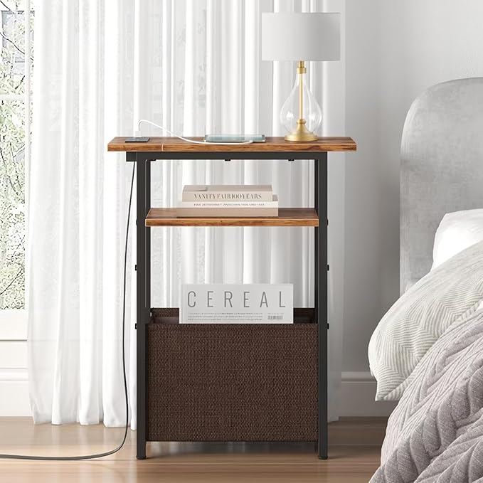 Narrow Side Table with Charging Station Set of 2, Small End Table for Small Spaces, Skinny Nightstands Set 2 with Storage Basket,Sofa Bedside Tables for Living Room,Bedroom, Rustic Brown