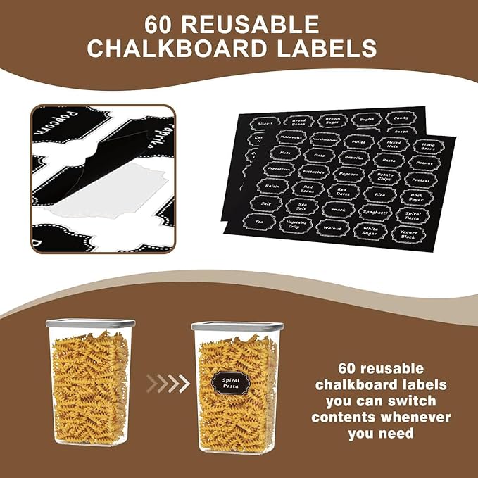 Airtight Food Storage Containers With Lids 7pcs Organization Canisters Kitchen Bpa Free Plastic Pantry Containers Storage Set for Pasta, Cereal, Dry Food, Flour and Sugar-60 Labels