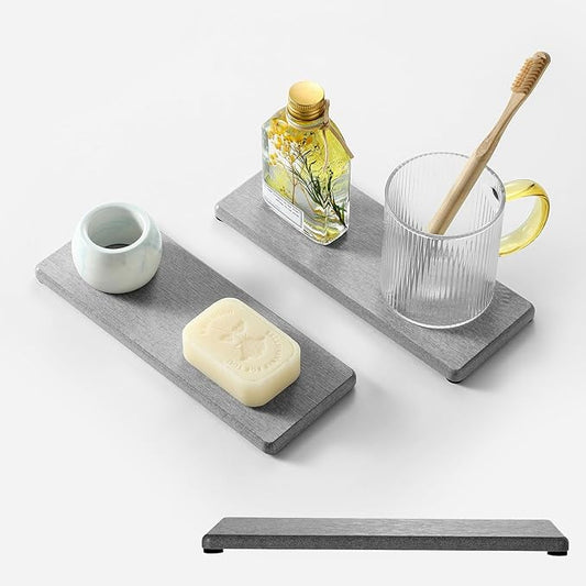 2PCS Bathroom Counter Vanity Trays, Water Absorbing Diatomite Stone Quick Drying Mat for Kitchen Sink Counter, Dish Rack Soap Dispenser Sponge Holder Caddy Organizer, Light Gray, 9"x 3.5"-NeatNest