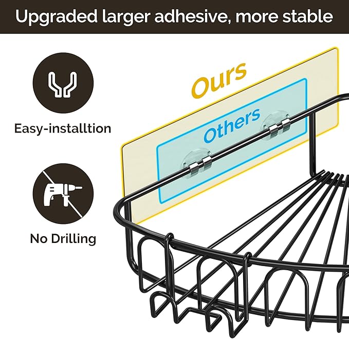 Orimade Corner Shower Caddy with 2 Hooks Wall Mounted Metal Bathroom Shelf Storage Organizer Adhesive No Drilling 2 Pack, Black Only for 90-Degree Corner