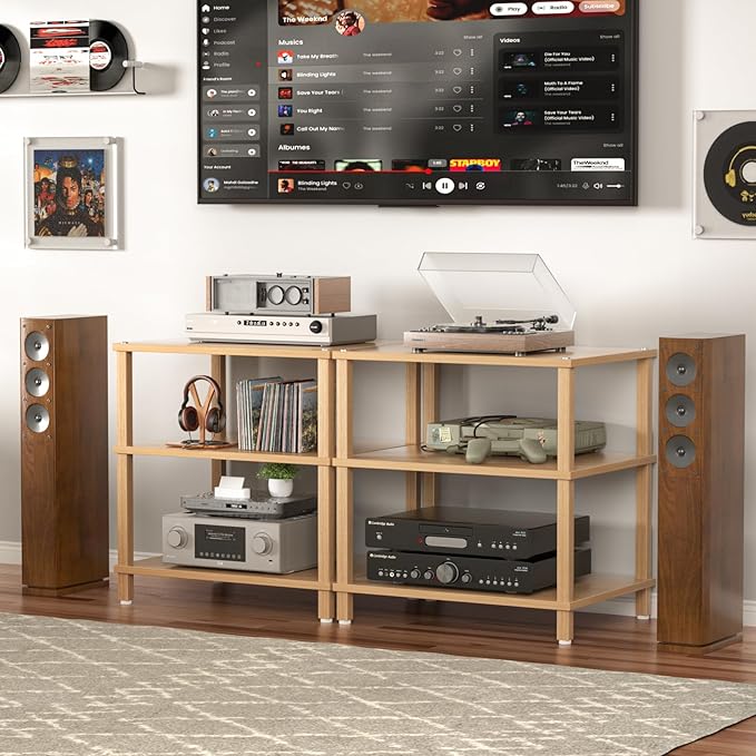 3-Tier AV Media Player Stand, Natural Stereo Cabinet, Modern Audio Shelf, Wooden TV Stand,Game Console Shelf, Multifunctional Entertainment Center, Suitable for Home, Conference Room, Game Studio-NeatNest