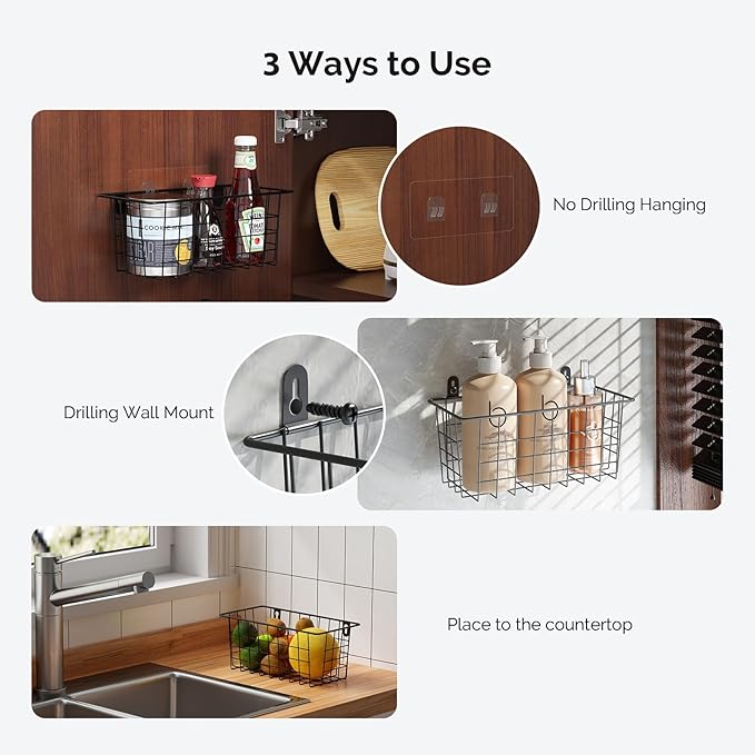 MaraFansie Hanging Kitchen Baskets Wire Storage Basket Adhesive and Screws Basket Over the Cabinet Door Organizer with Adhesive Strips and Screws Accessories, 2 Installations, 2 Pack-NeatNest