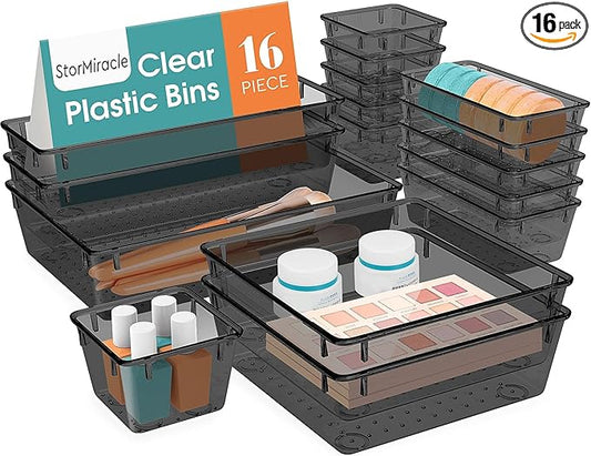 16 PCS Drawer Organizer Set, 5 Varied Size Bathroom and kitchen Drawer cabinet organizer Trays, Clear Storage Bins for Makeup, Jewelry, Utensils and Gadgets, Black-NeatNest