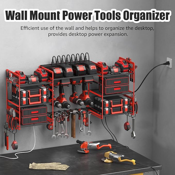 CCCEI Red Power Tool Organizer Wall Mount, Large Tools and Battery Storage Rack Charging Station Individual Switches. Drills Holder, Garage Utility Shelves with 6FT Power Strip. Gift for Men.-NeatNest