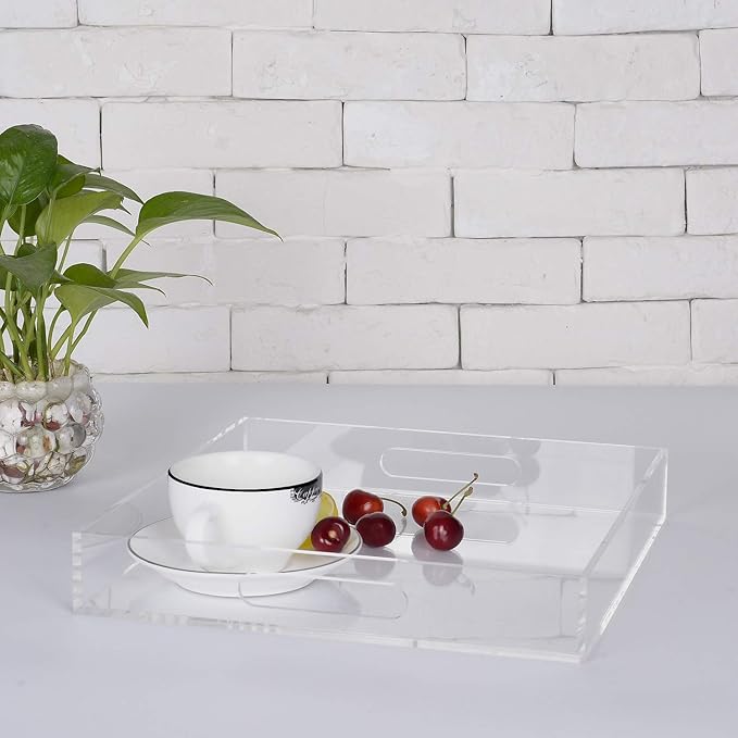 Clear Sturdy Acrylic Serving Tray with Handles - 12x12Inch - Coffee, Appetizer, Breakfast, Butler Tray - Kitchen Countertop & Makeup Drawer Organizer-NeatNest