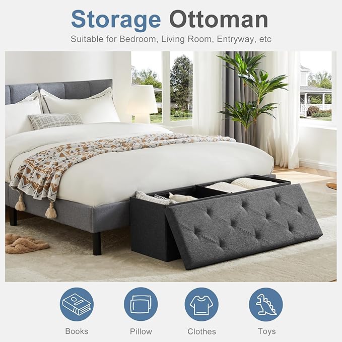 DUMOS 43in Foldable Storage Ottoman Bench, Storage Chest, End of Bed Foot Rest Stool with Padded Seat, Bedroom Bench for Living Room, Support 660lbs, Grey