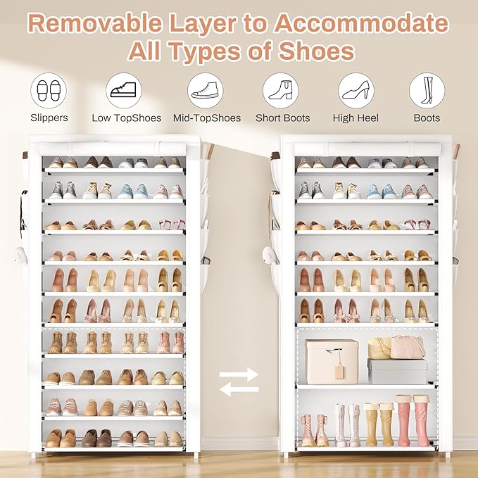 VTRIN Tall Shoe Rack with Cover, 10 Tier Shoe Organizer Storage for 50-55 Pairs Shoes and Boots Large Capacity Shoe Shelf with 8 Pockets Free Standing Shoe Rack for Closet, Entryway, Garage, White-NeatNest