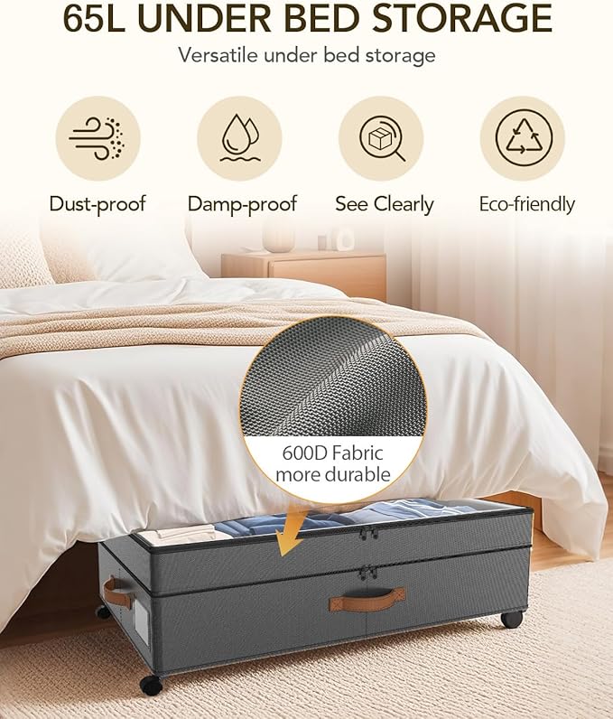 4 Pack Under Bed Storage with Wheels, Adjustable Height Storage Containers, 10 inches Large Capacity Rolling Underbed with Lids, Storage Drawers Shoes, Clothes, Blankets, Grey-NeatNest